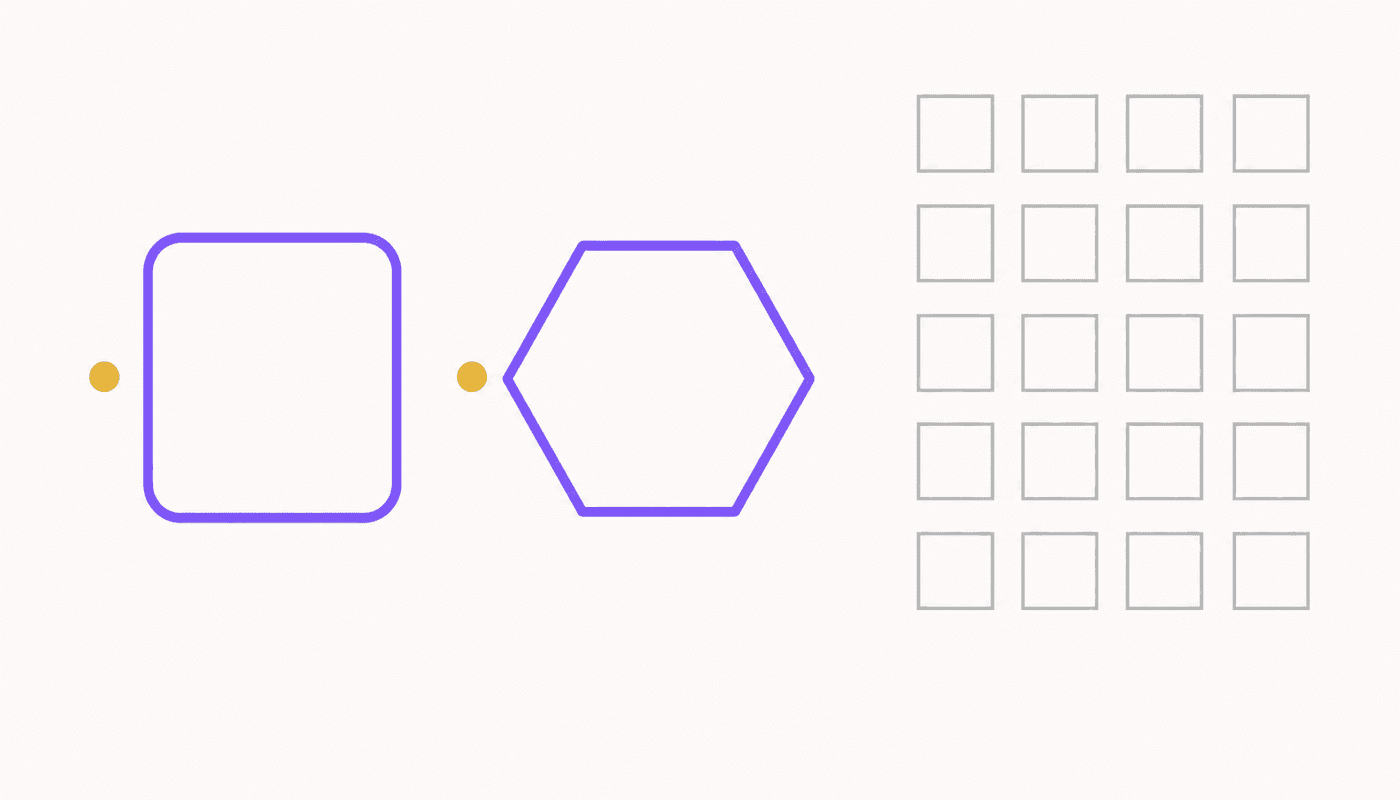 Two large distinct shapes beside a dense grid of many identical small squares.