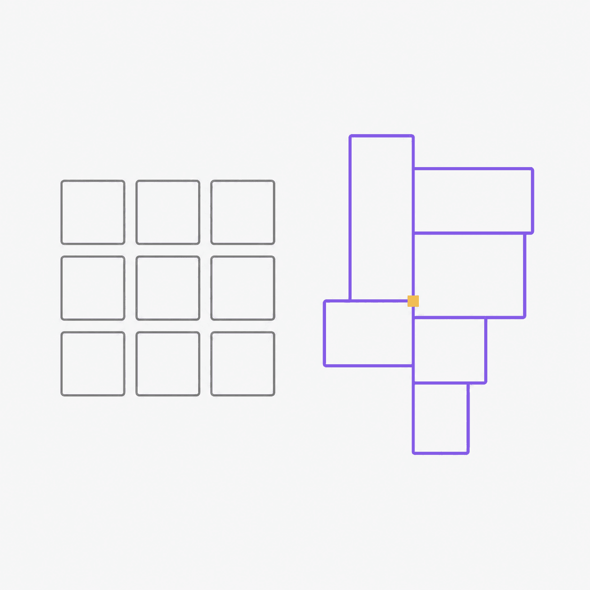 Nine identical uniform squares beside a single irregular shape built from differently sized parts.
