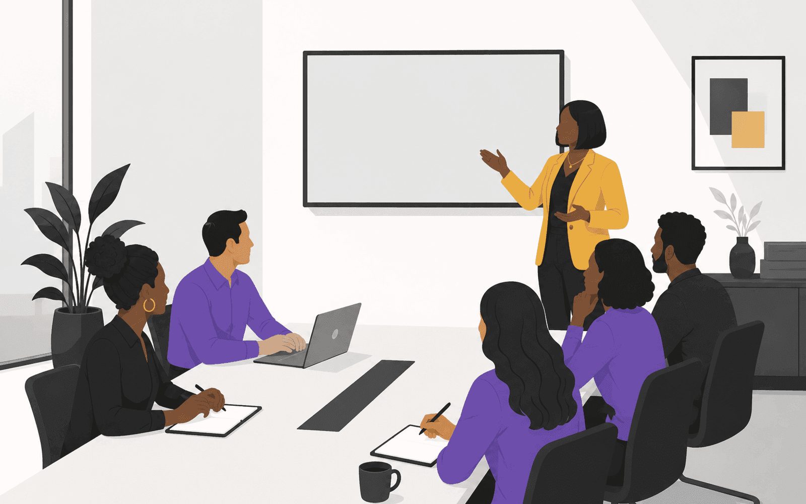 An illustration of a consultant leading an on-site training session with a small legal team around a conference table.