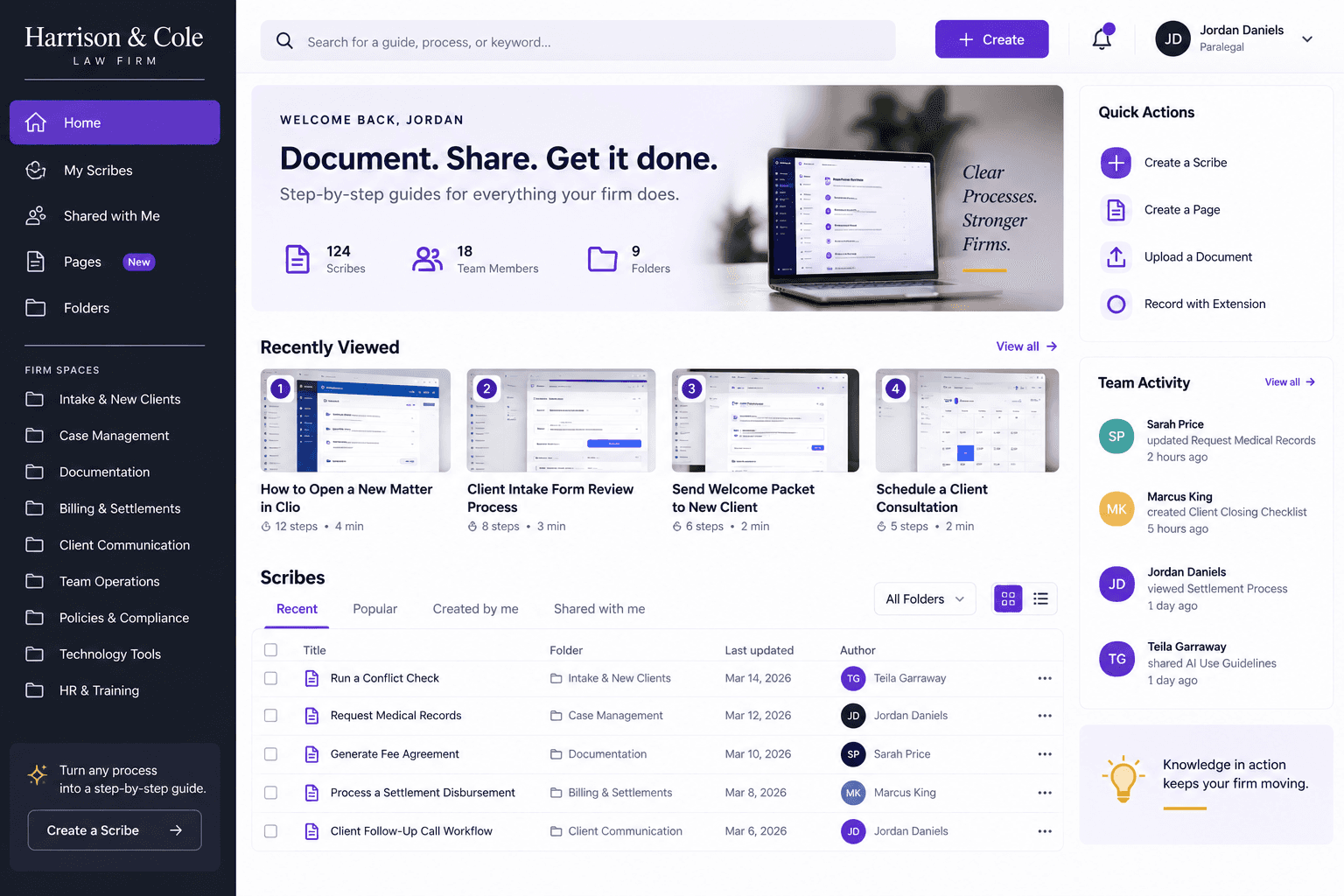 A process documentation platform showing step-by-step guides captured from screen recordings, grouped into firm spaces
