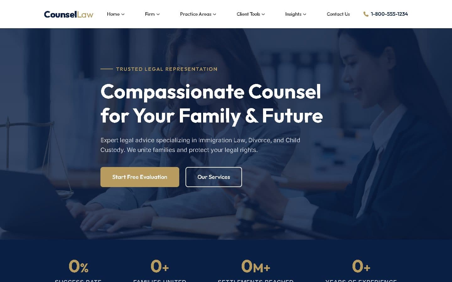 Example law firm website, Counsel Law: navy and gold, practice-area focused