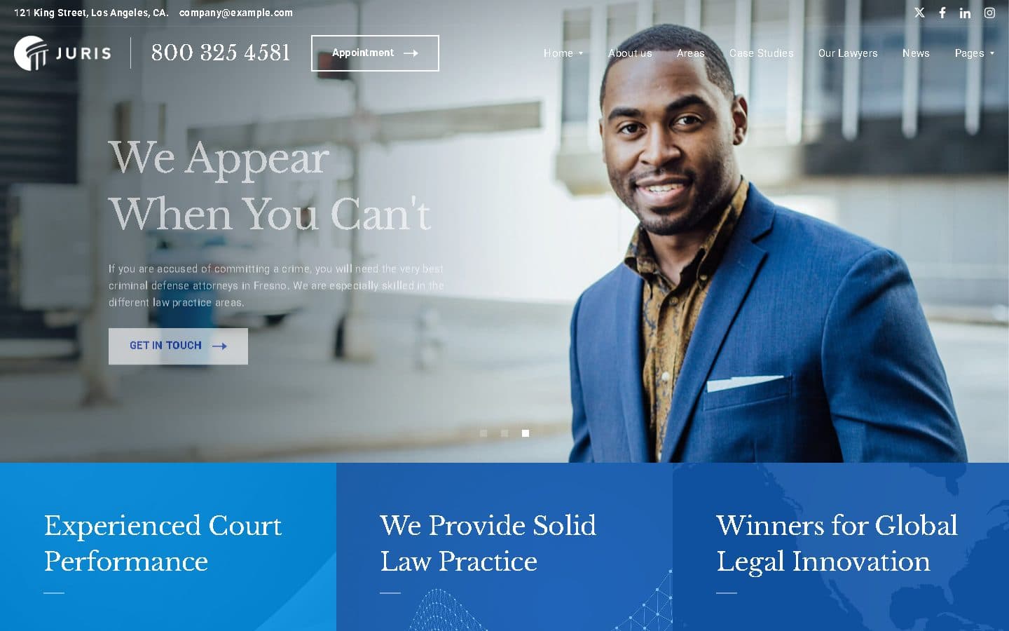 Example law firm website, Juris: photo-led with bright blue panels