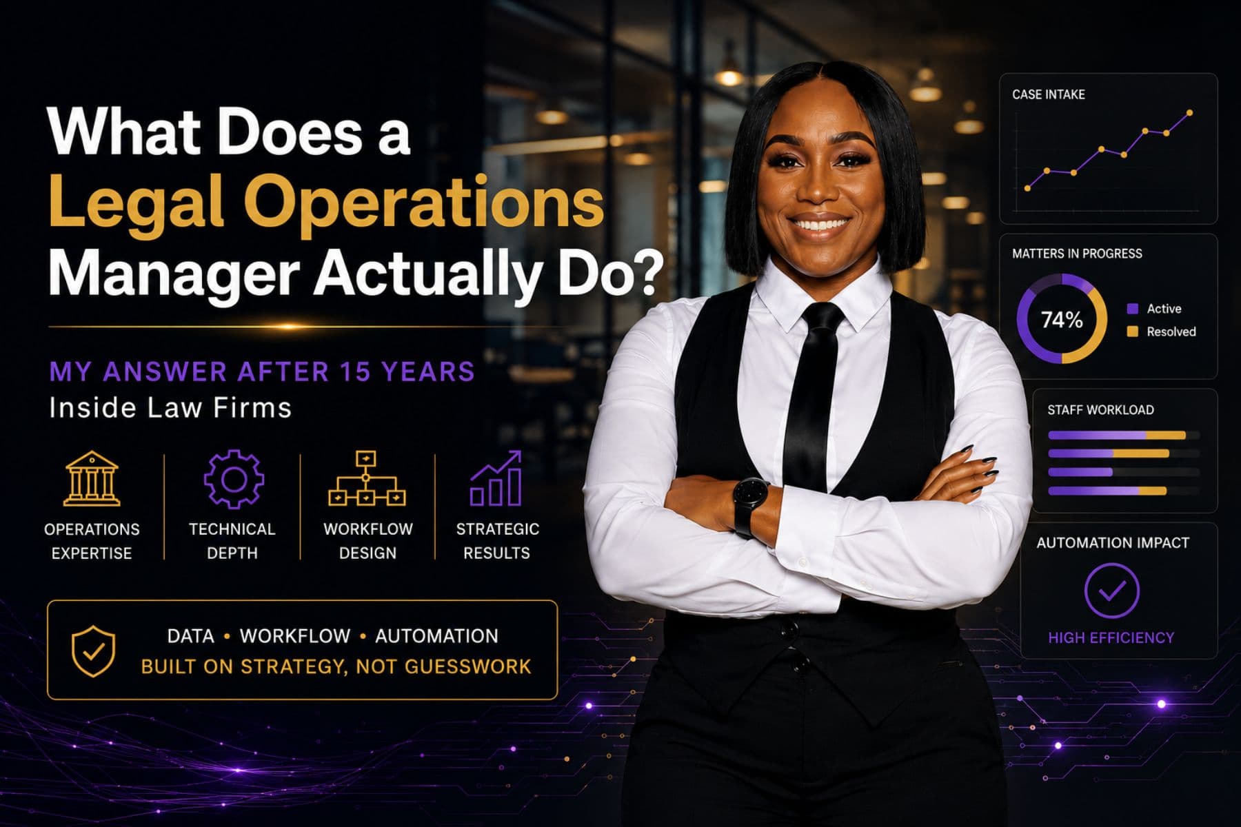 Teila Garraway walking through a modern law firm office, legal operations manager and consultant