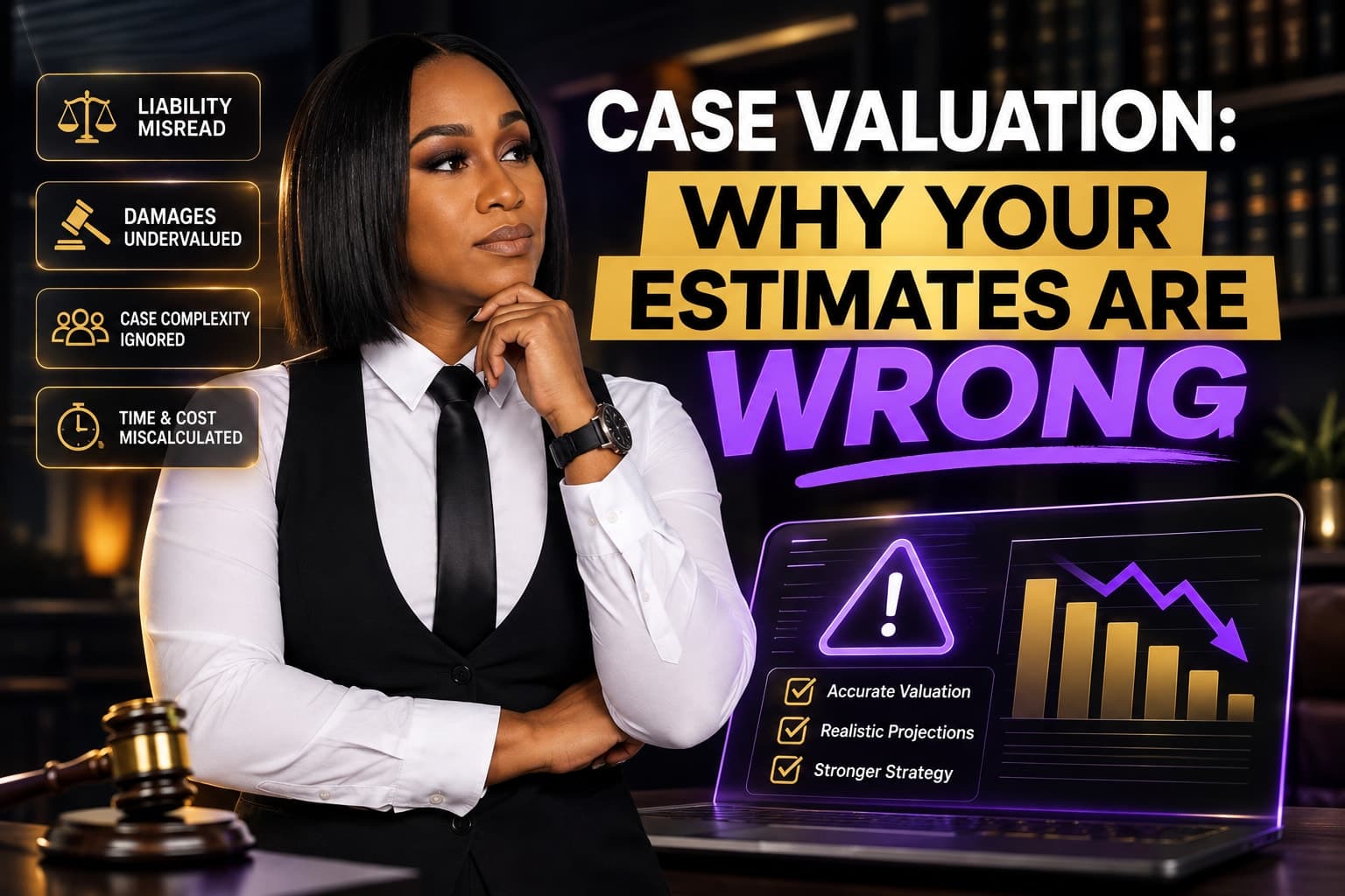 Teila Garraway reviewing personal injury case valuation data in a modern office