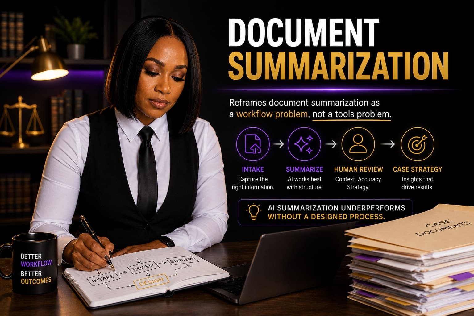 Teila Garraway reviewing an AI-generated document summary in a modern office