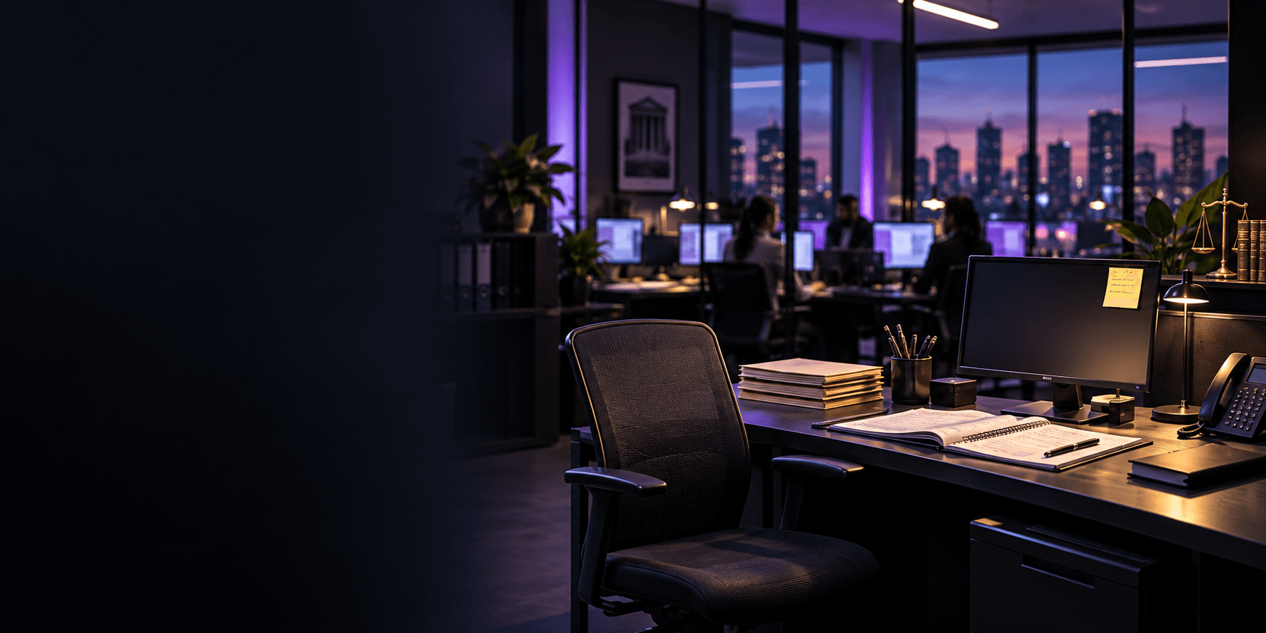 A vacated desk in a darkened law office at dusk, an open half-worked case file and an unreadable sticky note left on it, while other desks further back are still lit and occupied