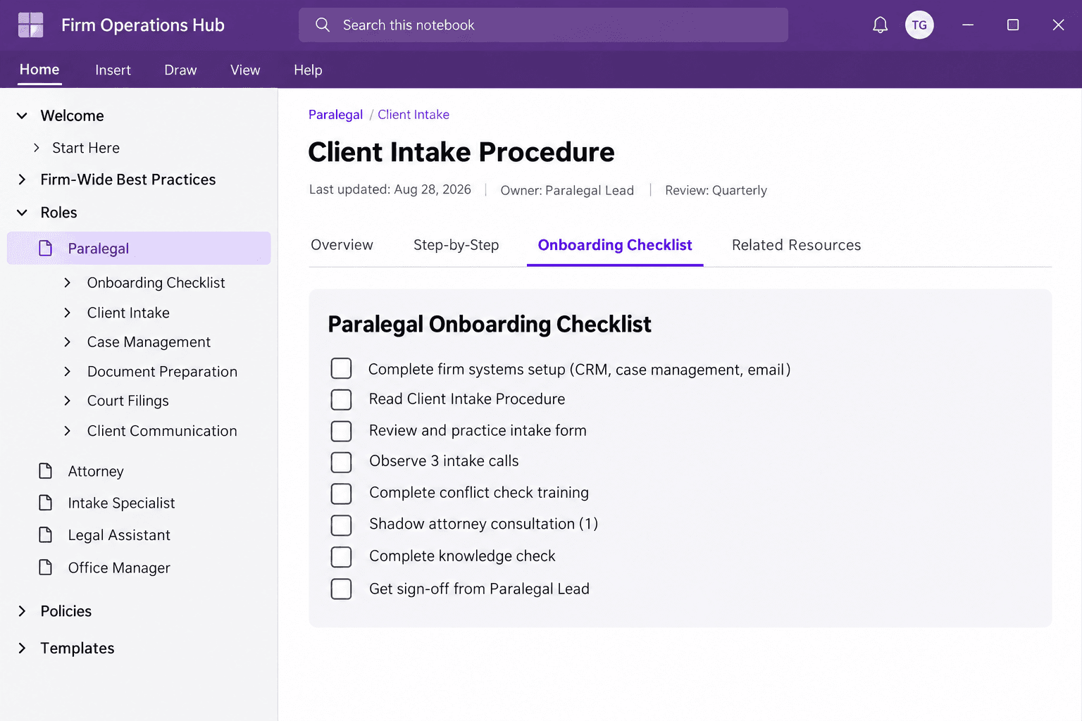 A law firm operations wiki, showing categories in a sidebar and a role-based procedure page open