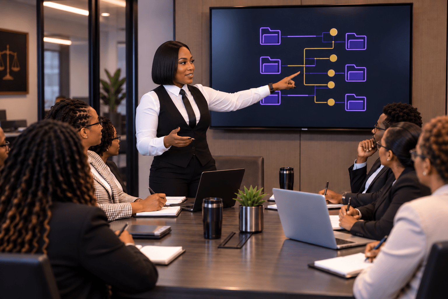 A law firm team seated around a conference table during an on-site operations training session, with the firm's procedures displayed on a screen at the front of the room