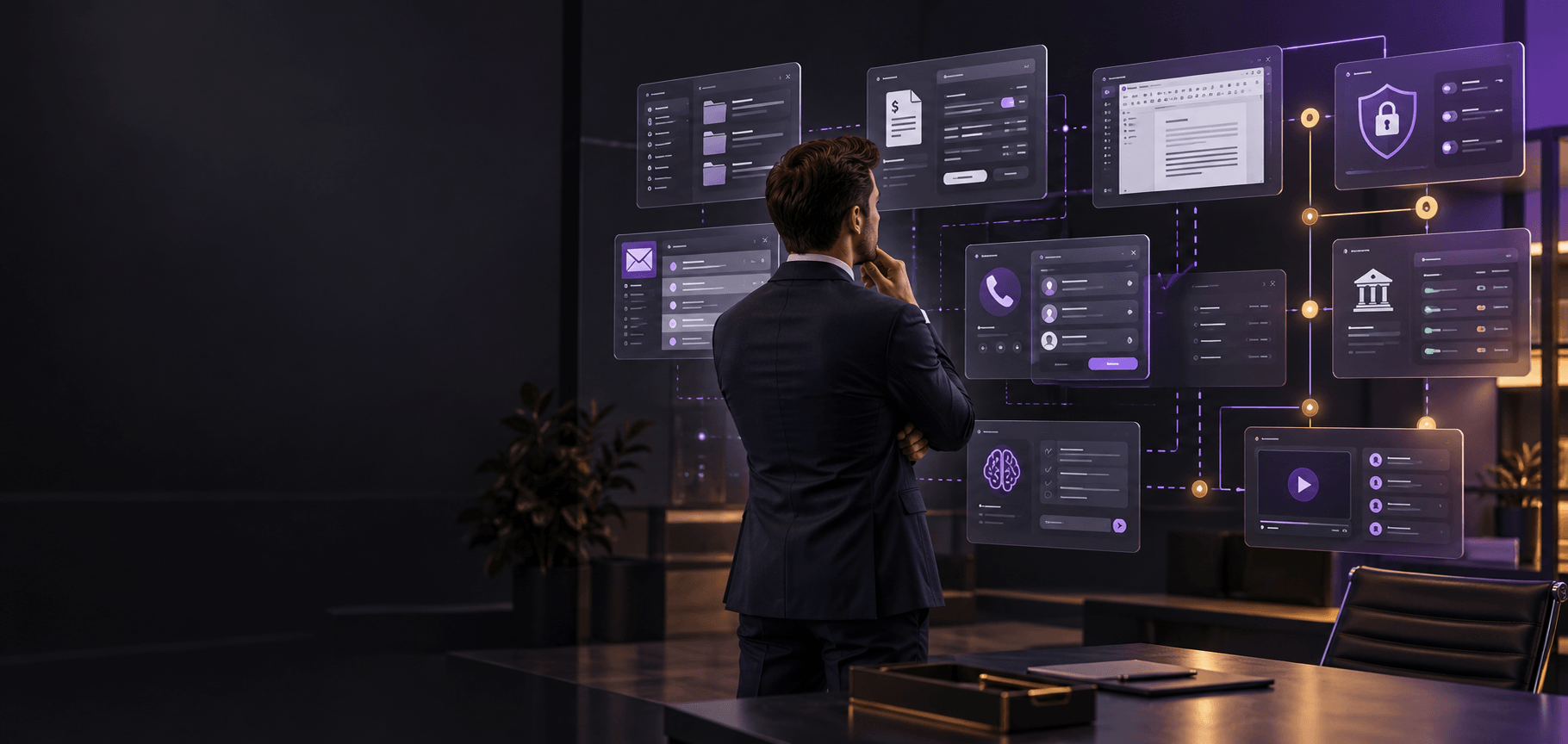 An attorney weighs a wall of separate systems: documents, billing, email, phone, security, banking and AI tools.