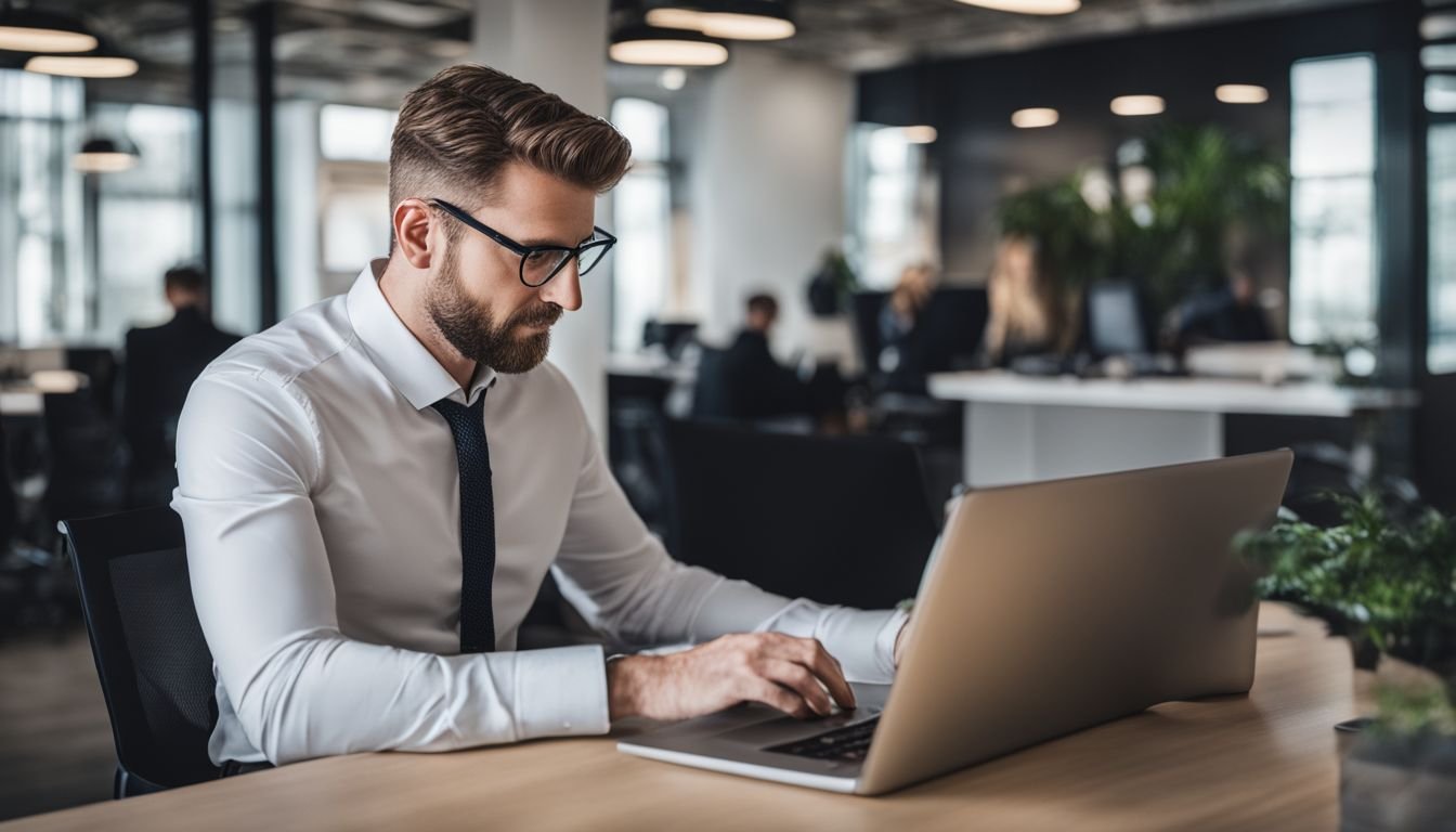 A businessman is seen checking a digital lead management system on his laptop in a modern office setting.