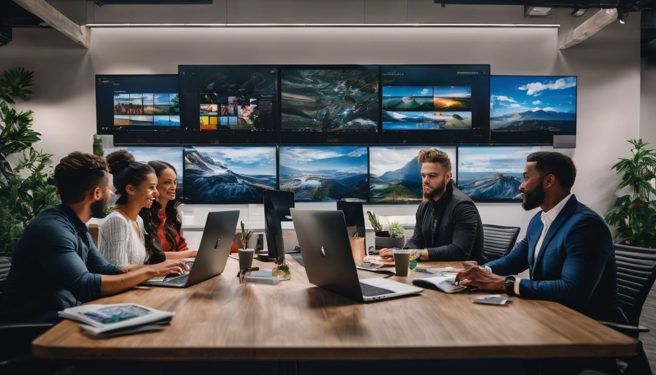A small business team collaborating on a digital lead management system in a modern office.