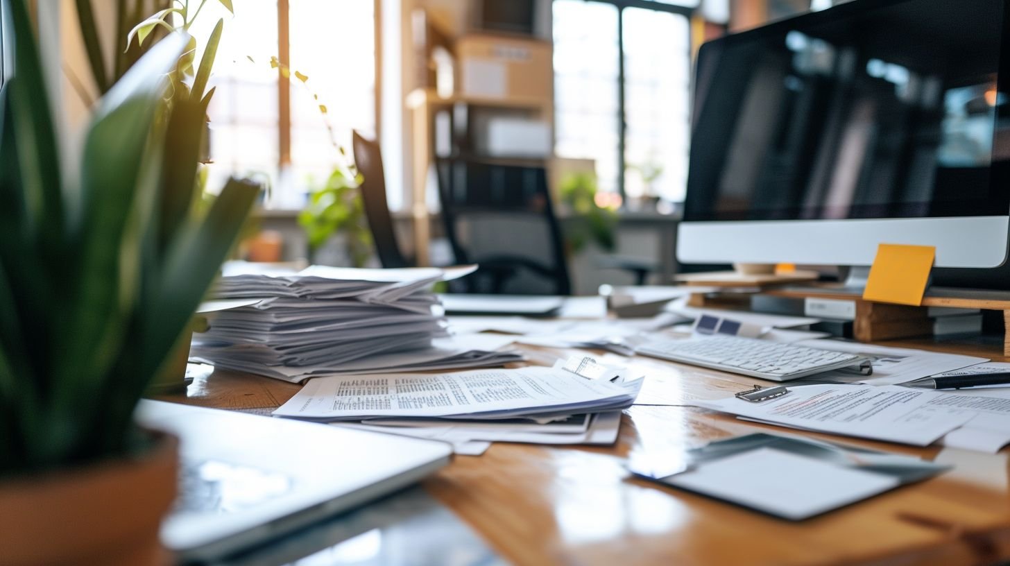 An office desk cluttered with papers and a computer screen.