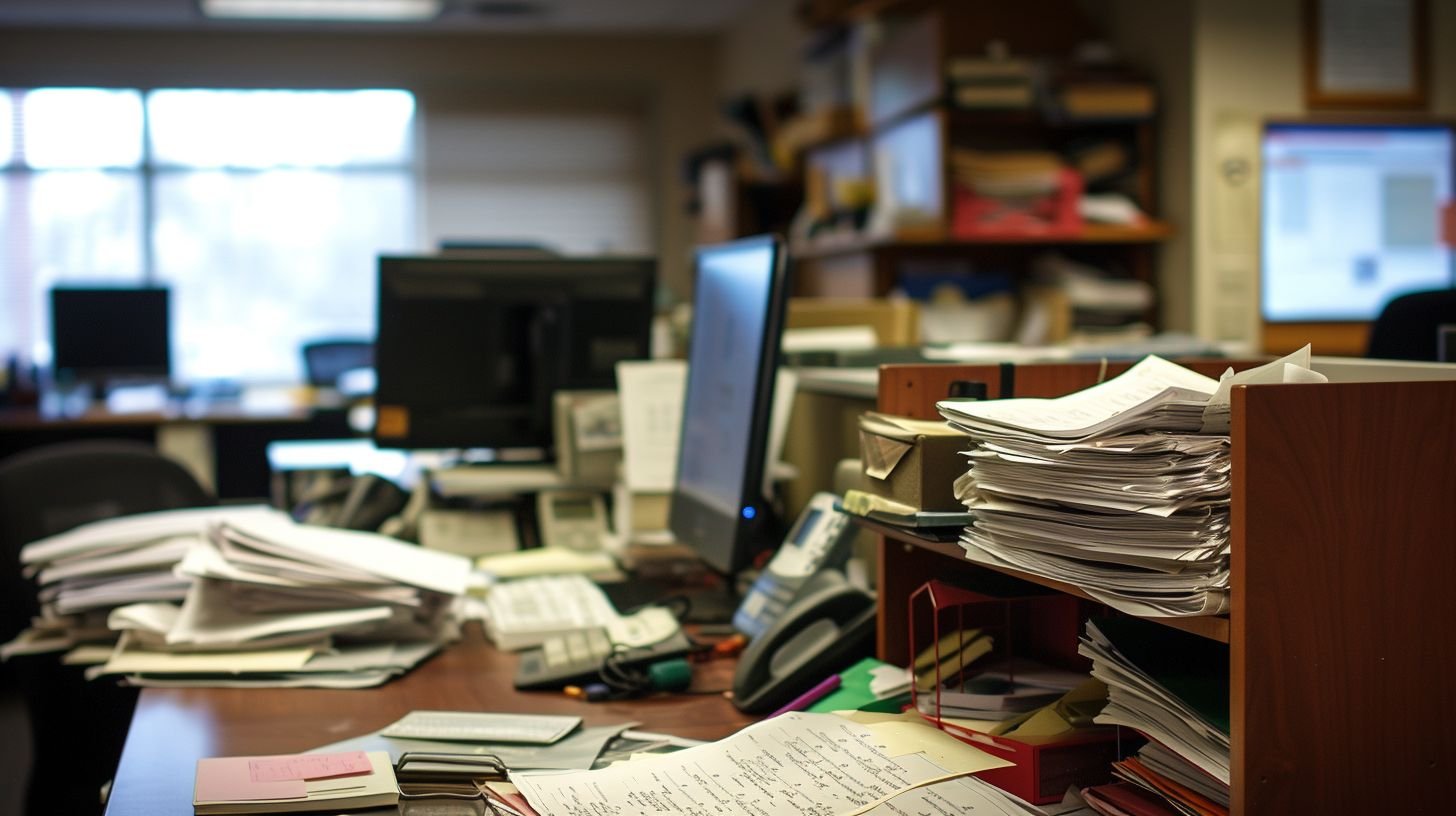 An office desk cluttered with papers and a computer screen.
