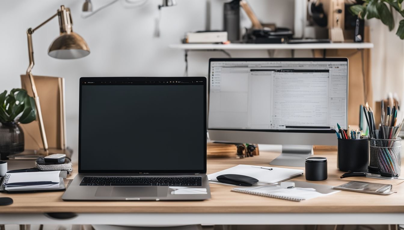 A well-organized desk with a computer, notebook, and office supplies in a bustling workspace.