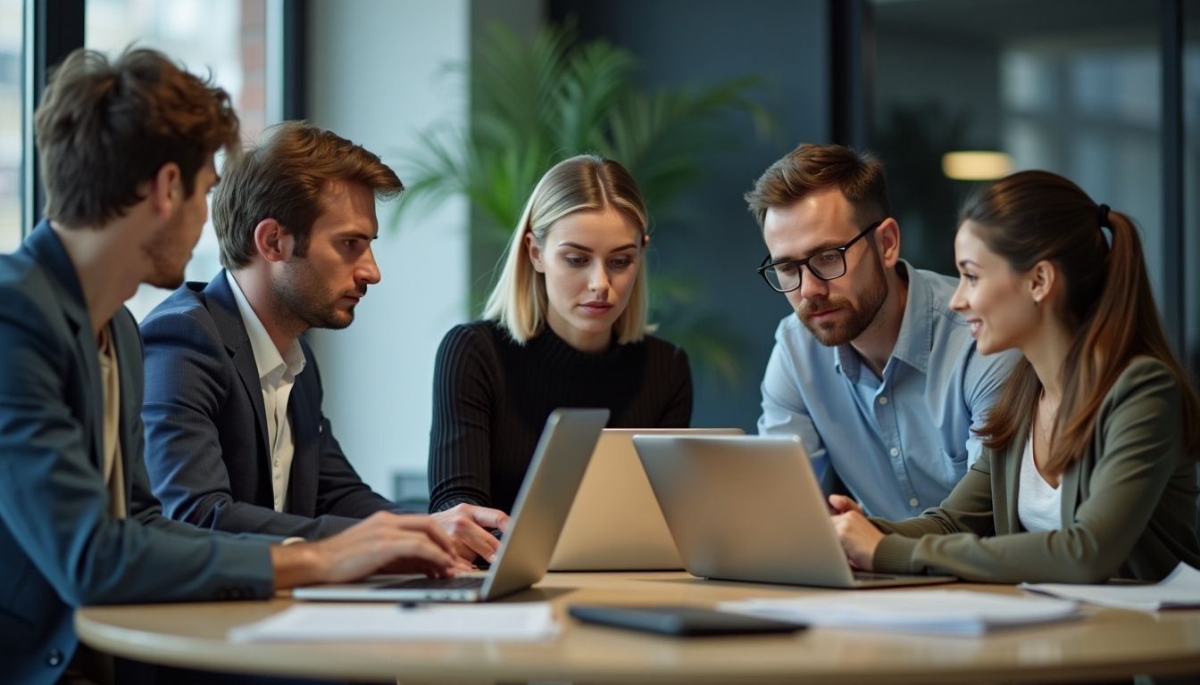 A group of professionals in a modern law office collaborating on work. A group of professionals in a modern law office collaborating on work.