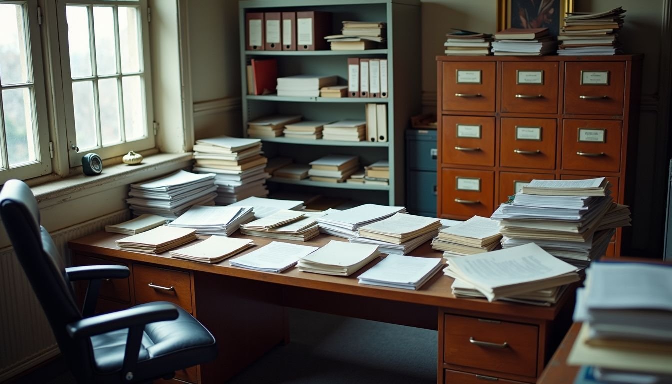 A cluttered law office with outdated furniture and stacks of paperwork. A cluttered law office with outdated furniture and stacks of paperwork.