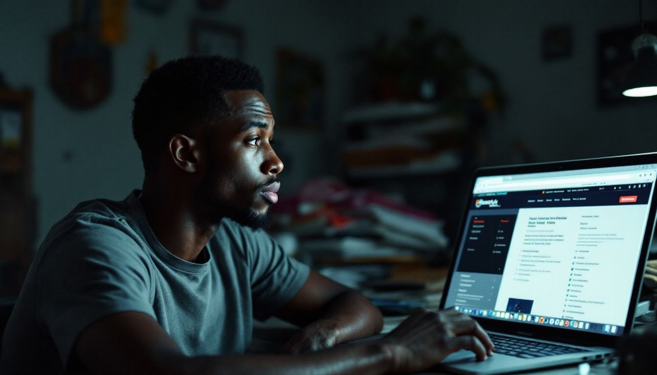 A young man struggles with an outdated website on his laptop. A young man struggles with an outdated website on his laptop.
