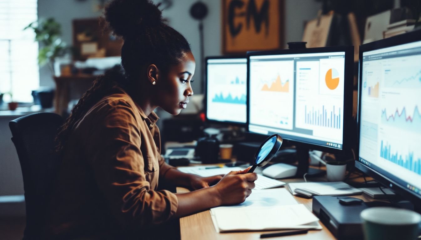 A woman analyzing website analytics data at a cluttered desk. A woman analyzing website analytics data at a cluttered desk.