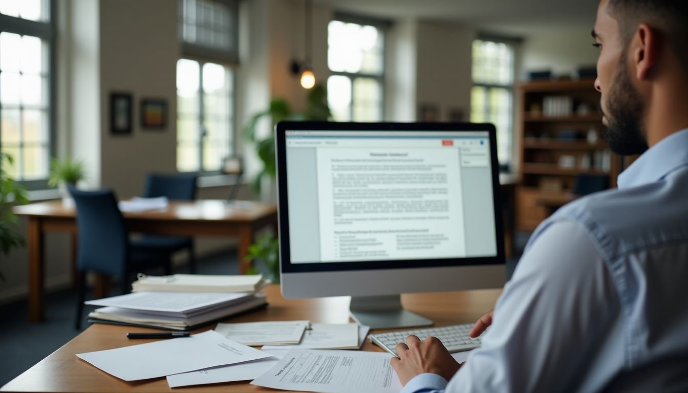 A messy, empty law office with scattered papers and automated contract software.