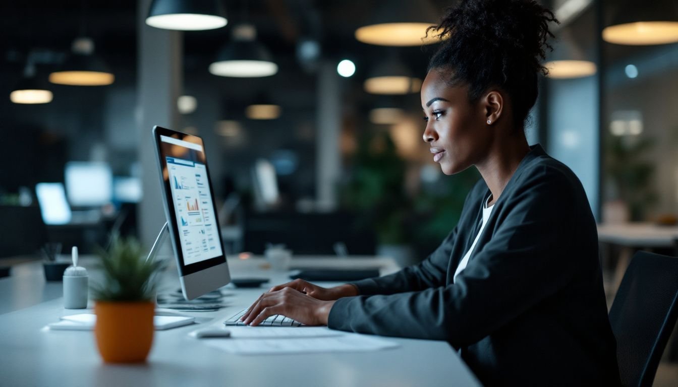 A woman working on a computer in a modern office.
