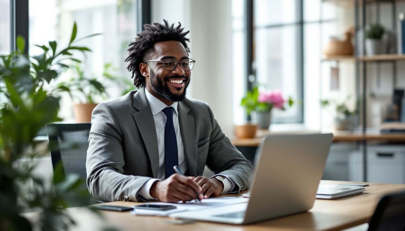 A Black lawyer using automated tools in a modern, well-organized office.
