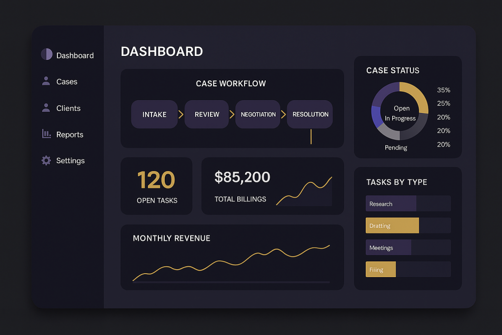 Law firm workflow automation dashboard with case workflow stages and task analytics