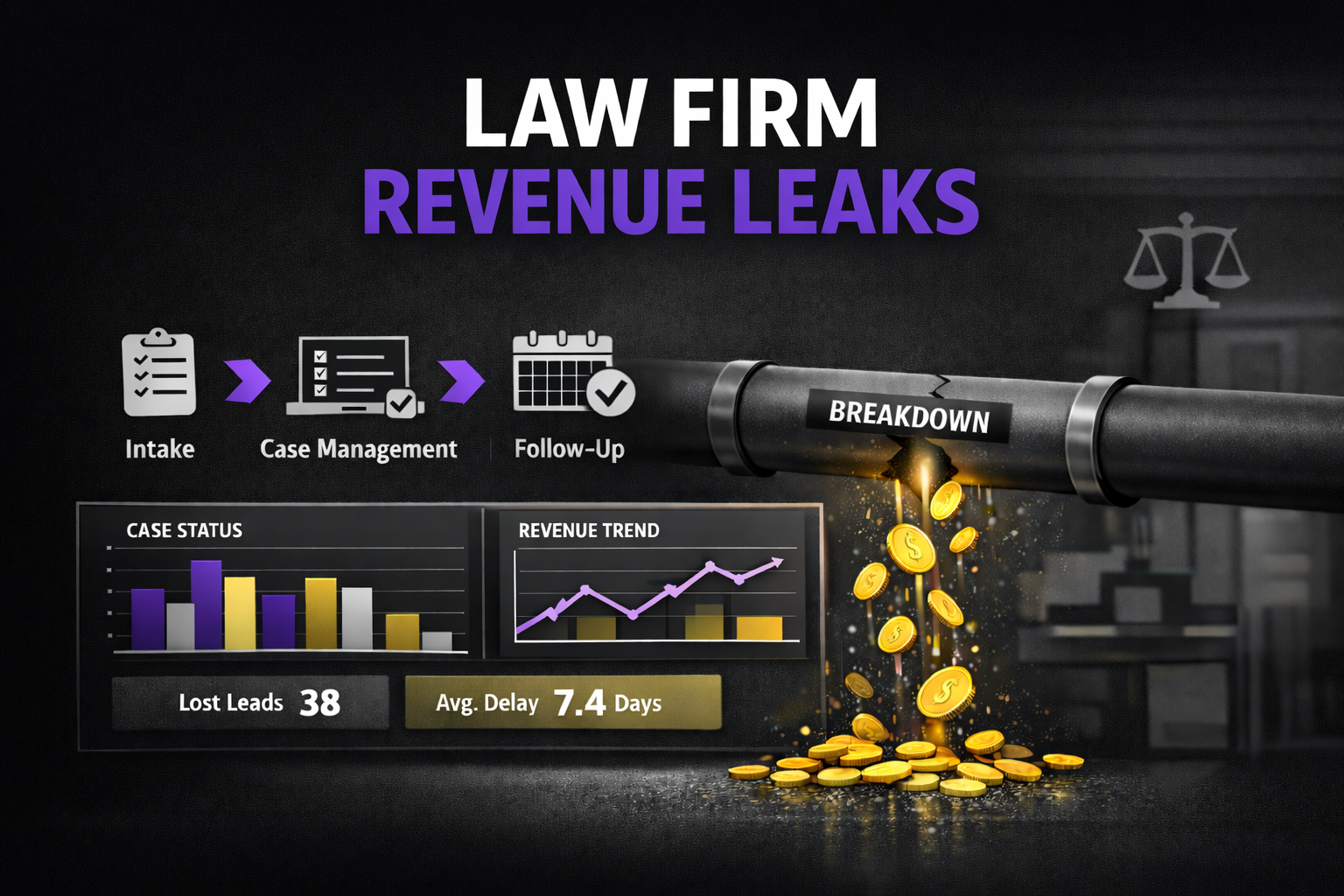 Law Firm Revenue Leaks workflow illustration showing intake, case management, follow-up breakdown, and revenue loss dashboard
